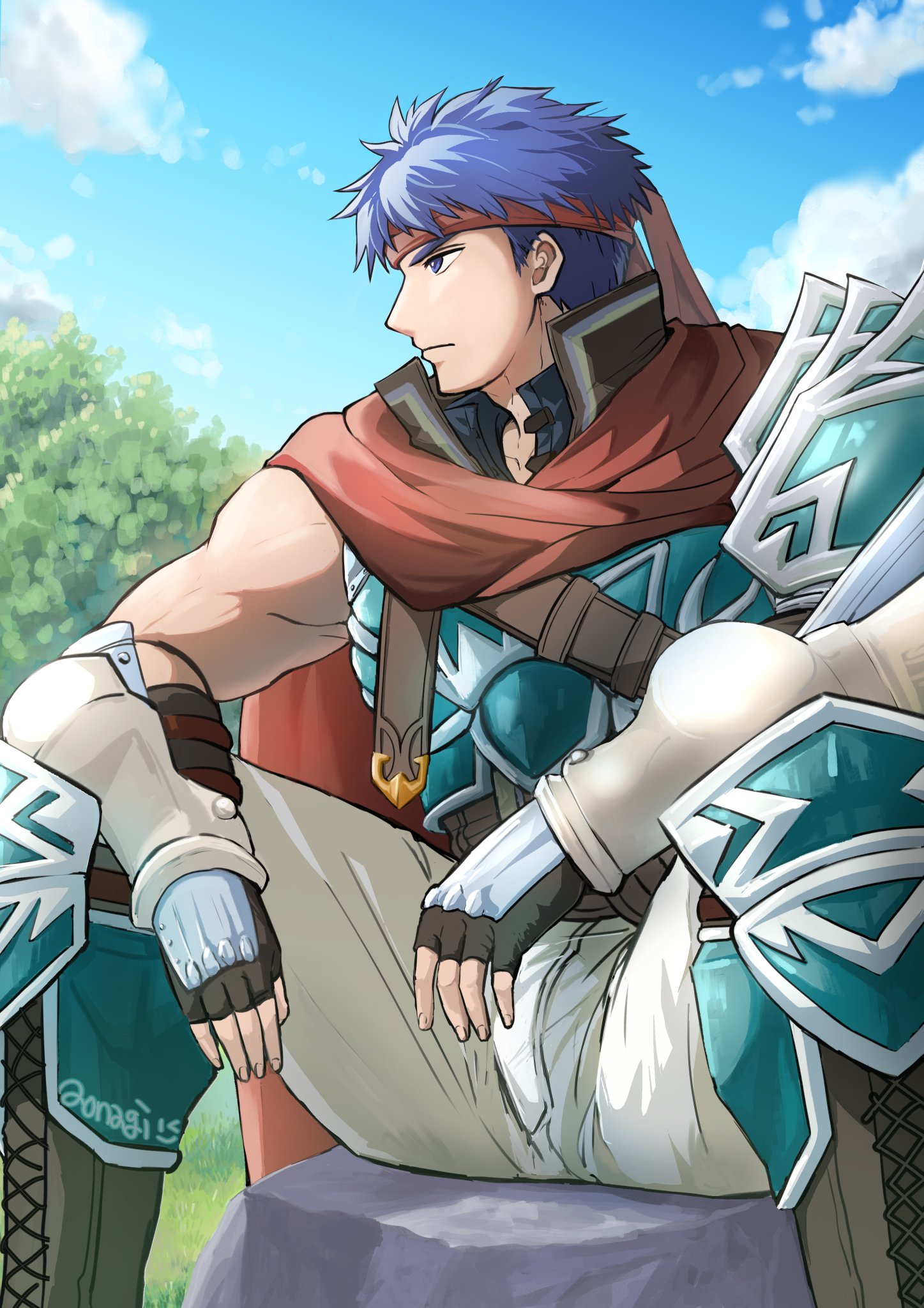 ike (fire emblem), fire emblem, fire emblem: radiant dawn, nintendo, highres, 1boy, aonagimay, armor, blue armor, blue eyes, blue hair, gloves, headband, male focus, muscular, short hair