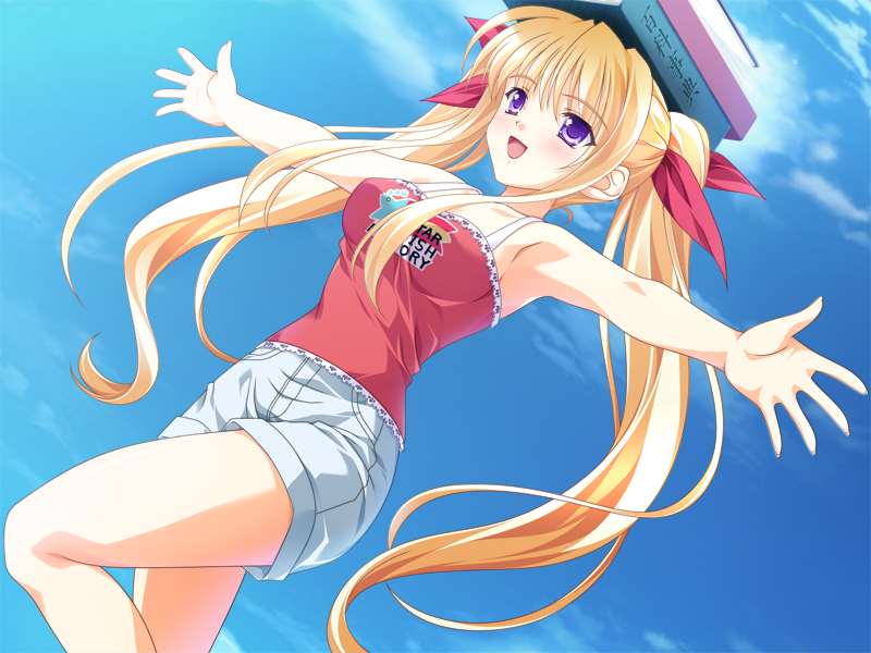 yagyuu aoi, nagisano, game cg, 1girl, blonde hair, book, braid, day, dutch angle, female focus, hair ribbon, outstretched arms, purple eyes, ribbon, shorts, sky, solo, spread arms, twintails