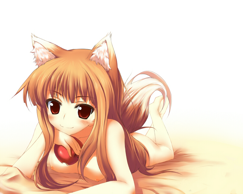 suga hideo, holo, spice and wolf, 00s, 1girl, animal ears, apple, breasts, brown hair, female focus, food, fruit, holding, holding food, holding fruit, legs up, long hair, lying, nipples, nude, on stomach, red eyes, small breasts, solo, tail, wolf ears, wolf tail