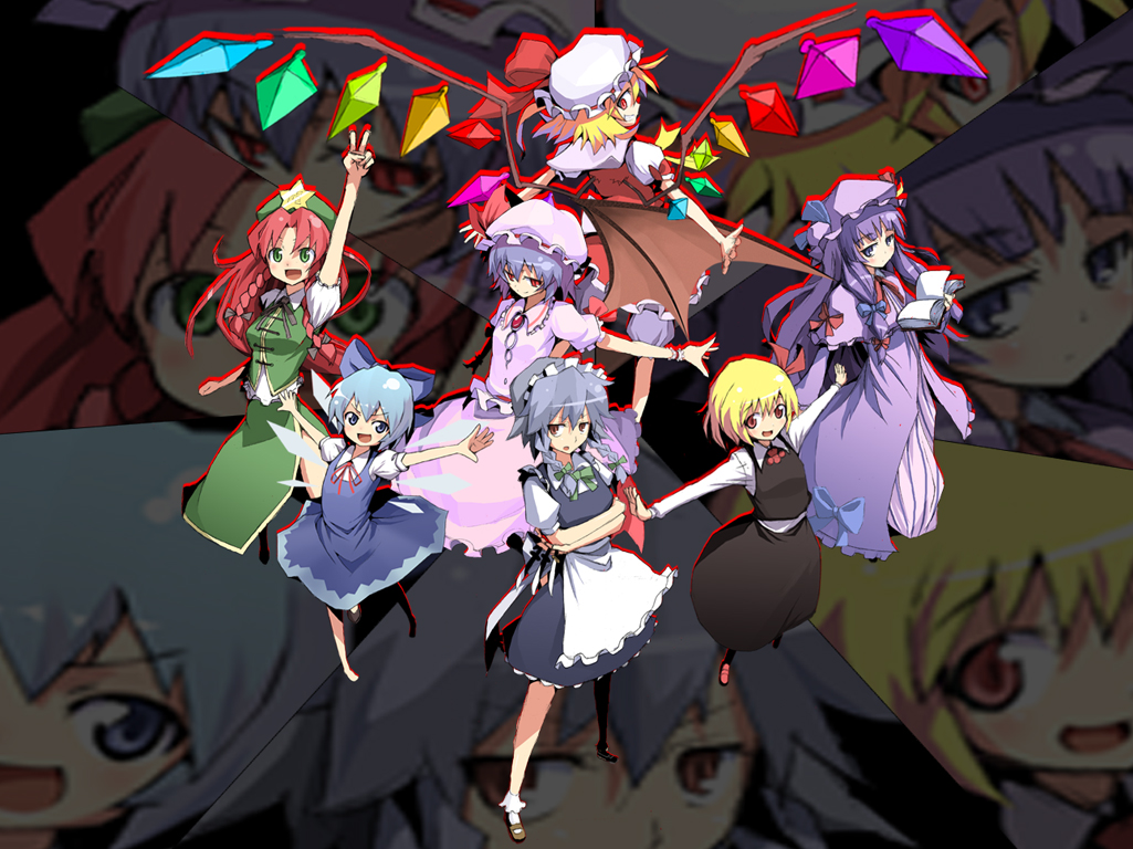 kasuga ayumu (artist), kasuga ayumu (haruhipo), cirno, flandre scarlet, hong meiling, izayoi sakuya, patchouli knowledge, remilia scarlet, rumia, embodiment of scarlet devil, touhou, silver hair, 6+girls, bat wings, blonde hair, blue eyes, blue hair, book, brown eyes, everyone, female focus, green eyes, hat, kasuga (pixiv), knife, maid, mob cap, multiple girls, purple eyes, purple hair, red eyes, red hair, ribbon, throwing knife, vampire, weapon, wings