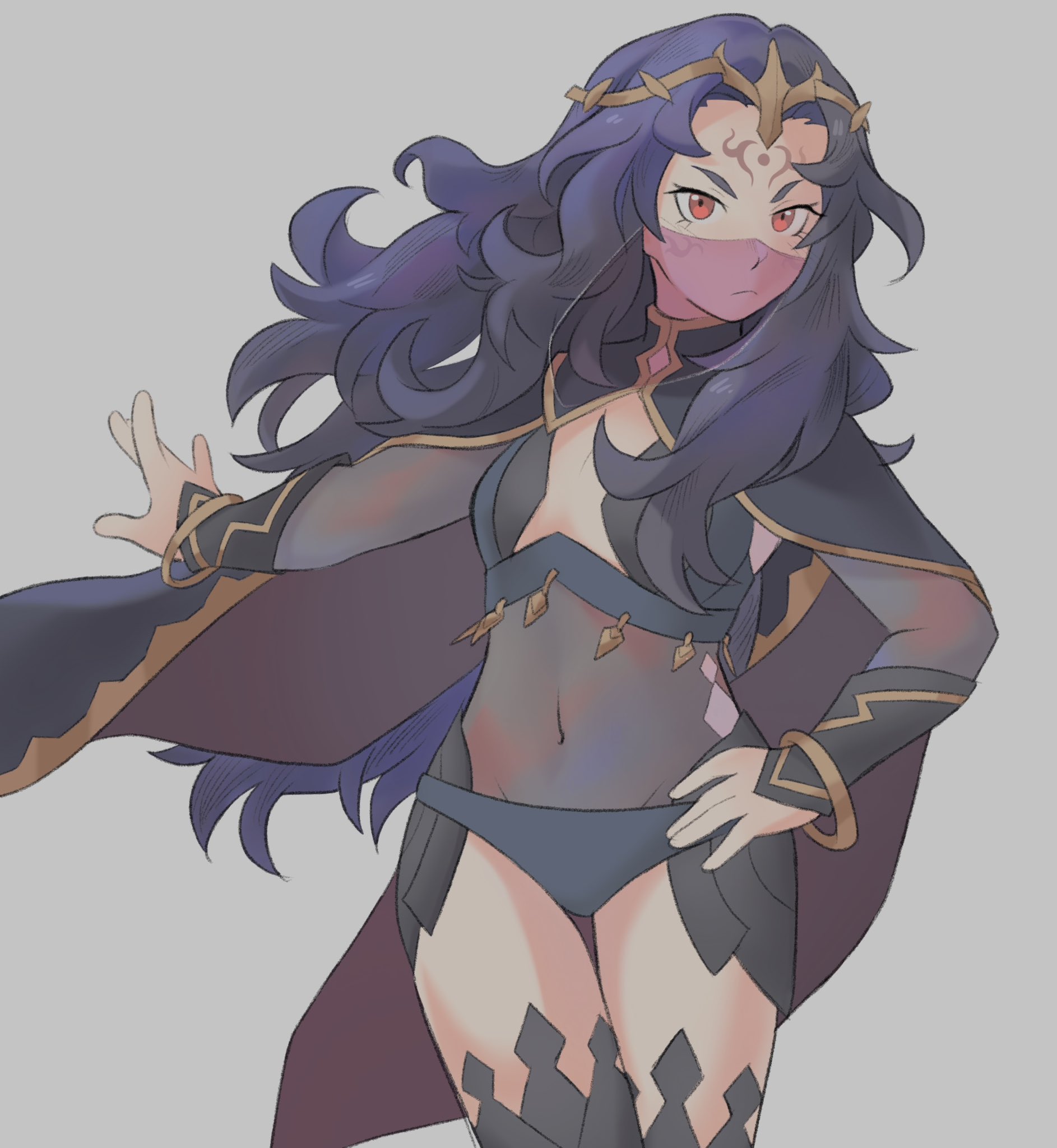 captcarrotcake, nyx (fire emblem), fire emblem, fire emblem fates, nintendo, highres, 1girl, black bridal gauntlets, black hair, blue panties, bodystocking, breasts, bridal gauntlets, facial mark, forehead mark, long hair, looking at viewer, messy hair, mouth veil, panties, red eyes, small breasts, solo, tiara, underwear, veil, witch