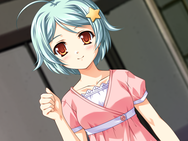 iwanami chika, nagisano, artist request, game cg, 1girl, ahoge, blue hair, female focus, hair ornament, hairclip, orange eyes, short hair, solo, star (symbol)