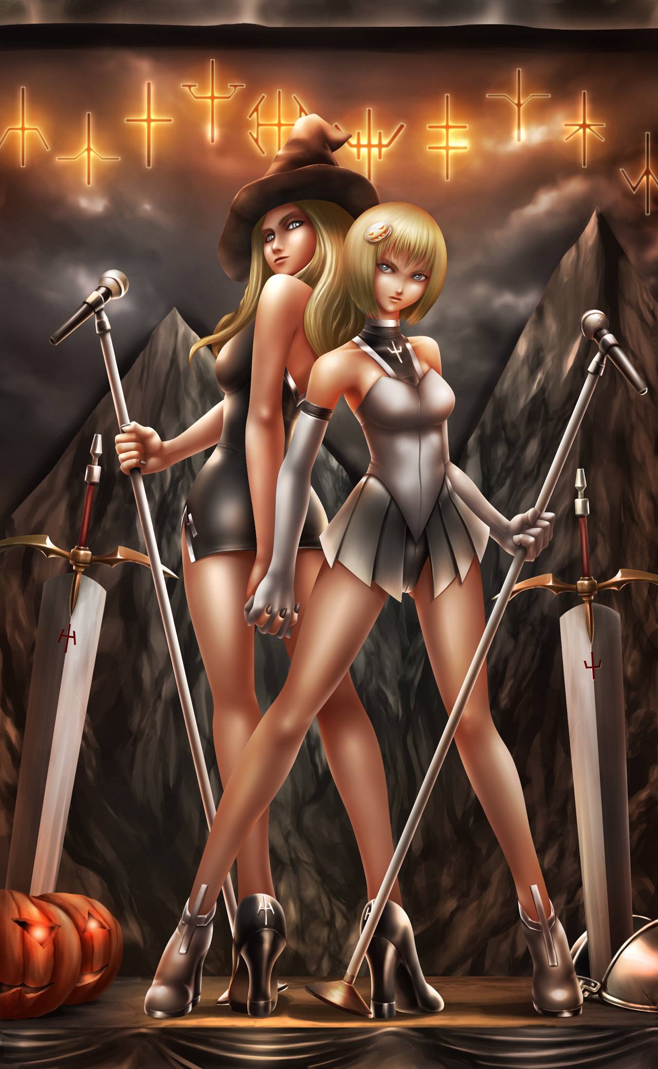 clare (claymore), teresa, claymore (series), highres, 00s, 2girls, black nails, blonde hair, claymore (sword), elbow gloves, gloves, grey eyes, hat, high heels, holding hands, jack-o'-lantern, multiple girls, nail polish, pumpkin, shoes, sword, weapon, witch hat