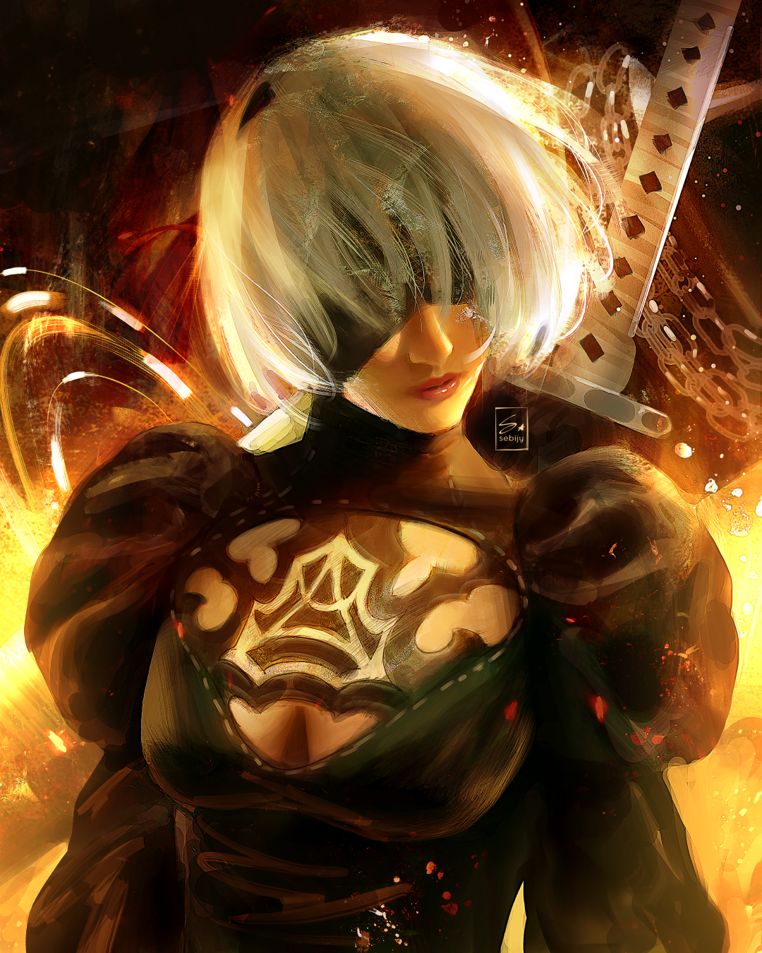 sebijy, 2b (nier:automata), nier:automata, nier (series), commentary, english commentary, highres, 1girl, artist name, black dress, black hairband, blindfold, cleavage cutout, clothing cutout, covered eyes, dress, hairband, juliet sleeves, long sleeves, painterly, puffy sleeves, short hair, solo, sword, weapon, white hair