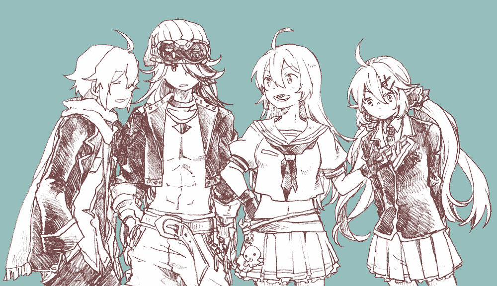 michibata 65, foran (another eden), mighty (another eden), ruina (another eden), sevyn (another eden), another eden, commentary request, 2boys, 2girls, :d, abs, ahoge, animal charm, arm at side, arms behind back, bare pectorals, beanie, belt, belt buckle, blazer, blush, breasts, buckle, cellphone, charm (object), closed eyes, closed mouth, collared shirt, cowboy shot, crop top, cropped jacket, cropped shirt, double-parted bangs, fingerless gloves, gloves, goggles, goggles on headwear, green background, greyscale with colored background, hair between eyes, hair ornament, hair over one eye, hair scrunchie, hairclip, hand in pocket, hand on own hip, hand up, hands in pockets, hat, holding, holding phone, jacket, jewelry, lapels, long hair, long pointy ears, long sleeves, looking at another, looking at phone, looking down, looking to the side, low twintails, medium breasts, midriff, miniskirt, multiple boys, multiple girls, navel, neckerchief, necklace, necktie, no shirt, notched lapels, octopus, one eye covered, open clothes, open jacket, open mouth, pants, pectorals, phone, pleated skirt, pointy ears, sailor collar, scarf, school uniform, scrunchie, shirt, short hair, short sleeves, side-by-side, sidelocks, simple background, skirt, smartphone, smile, standing, toned, toned male, turning head, twintails, very long hair, x hair ornament