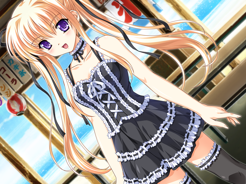 yagyuu aoi, nagisano, game cg, 1girl, black thighhighs, blonde hair, bow, choker, female focus, frilled thighhighs, frills, gothic lolita, lolita fashion, purple eyes, ribbon, solo, thighhighs, twintails, zettai ryouiki