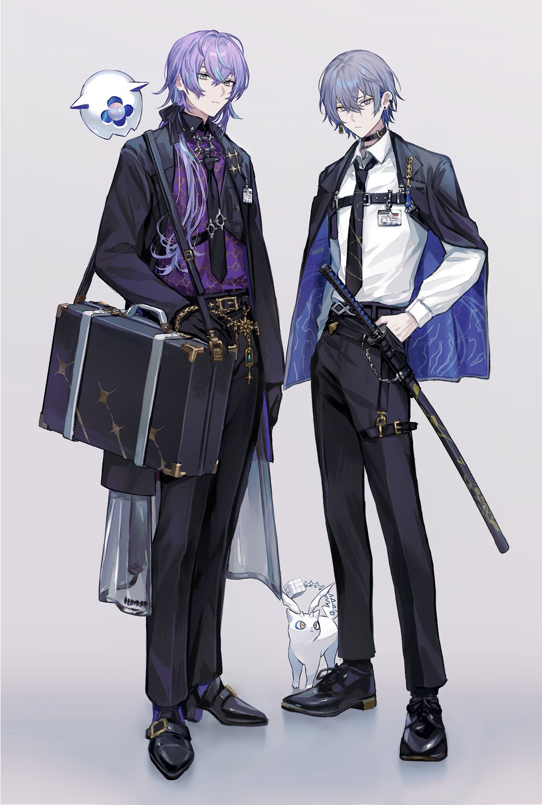 saino misaki, hoshirube sho, koyanagi rou, otomo (hoshirube sho), otomo (koyanagi rou), nijisanji, highres, 2boys, alternate costume, black bow, black gloves, black jacket, black necktie, black pants, black shoes, bow, cat, chest harness, collared shirt, full body, gloves, grey background, grey hair, hair bow, hair over shoulder, harness, high heels, jacket, jacket on shoulders, jewelry, katana, loafers, long hair, looking at viewer, low ponytail, male focus, multicolored hair, multiple boys, necktie, open clothes, open jacket, pants, ponytail, purple hair, purple shirt, scabbard, sheath, sheathed, shirt, shoes, short hair, simple background, standing, streaked hair, sword, virtual youtuber, weapon, white cat, white shirt, wing collar