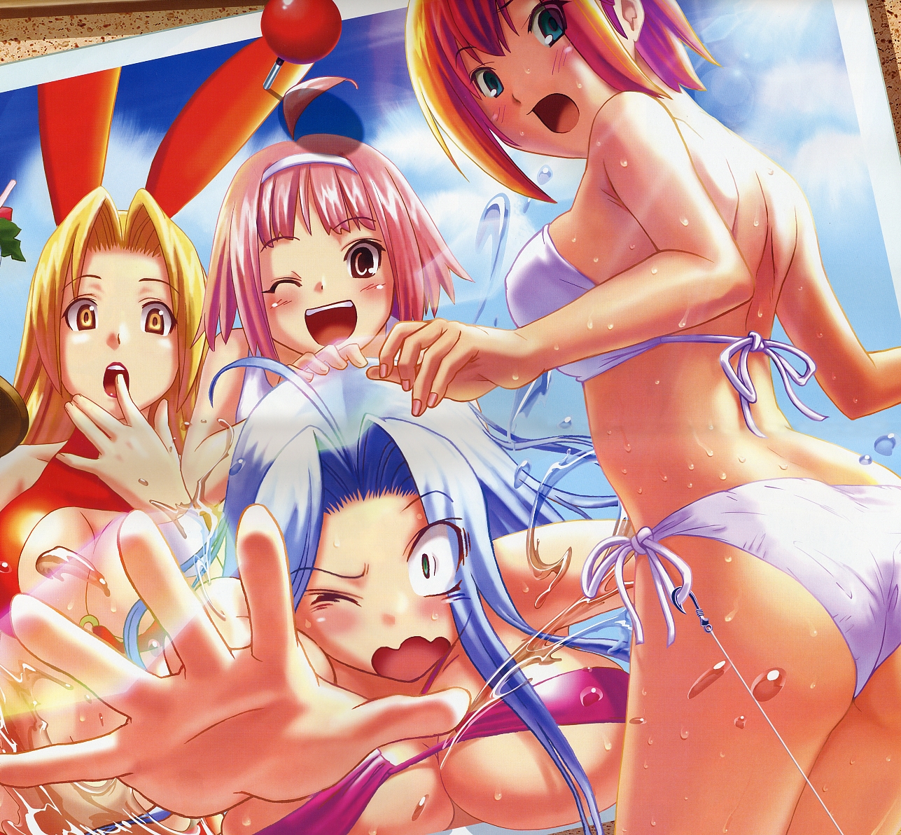 koutaro, mint clark, rio rollins, rosa canyon, tiffany abbott, super blackjack, non-web source, 4girls, ahoge, animal ears, aqua eyes, bikini, blonde hair, blue hair, blush, breasts, covered erect nipples, green eyes, hairband, huge breasts, large breasts, lipstick, looking back, makeup, multiple girls, one eye closed, open mouth, pink eyes, pink hair, rabbit ears, red hair, side-tie bikini bottom, smile, swimsuit, towel, wavy mouth, wink, yellow eyes