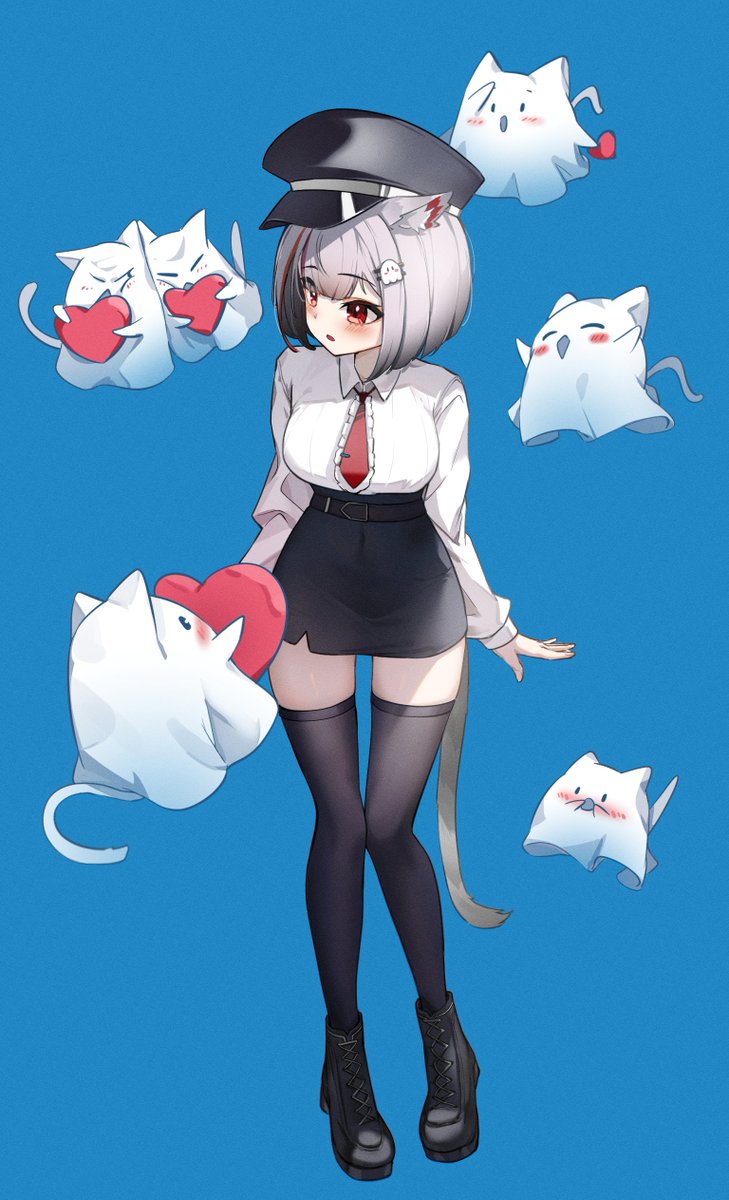 firehippo, neneko mashiro, stellive, commentary request, highres, korean commentary, 1girl, :o, animal ear fluff, animal ears, belt, black belt, black boots, black hat, black skirt, black thighhighs, blue background, blush, bob cut, boots, breasts, cat ears, cat girl, cat tail, collared shirt, colored inner animal ears, covered navel, frilled necktie, full body, ghost hair ornament, grey hair, hair ornament, hat, heart, high-waist skirt, holding, holding heart, lace-up boots, large breasts, long sleeves, looking to the side, maro (neneko mashiro), miniskirt, multicolored hair, necktie, open mouth, peaked cap, pencil skirt, pigeon-toed, raised eyebrows, red eyes, red necktie, sheet ghost, shirt, short hair, short necktie, simple background, skirt, standing, streaked hair, tail, thighhighs, tie clip, turning head, virtual youtuber, white shirt, zettai ryouiki