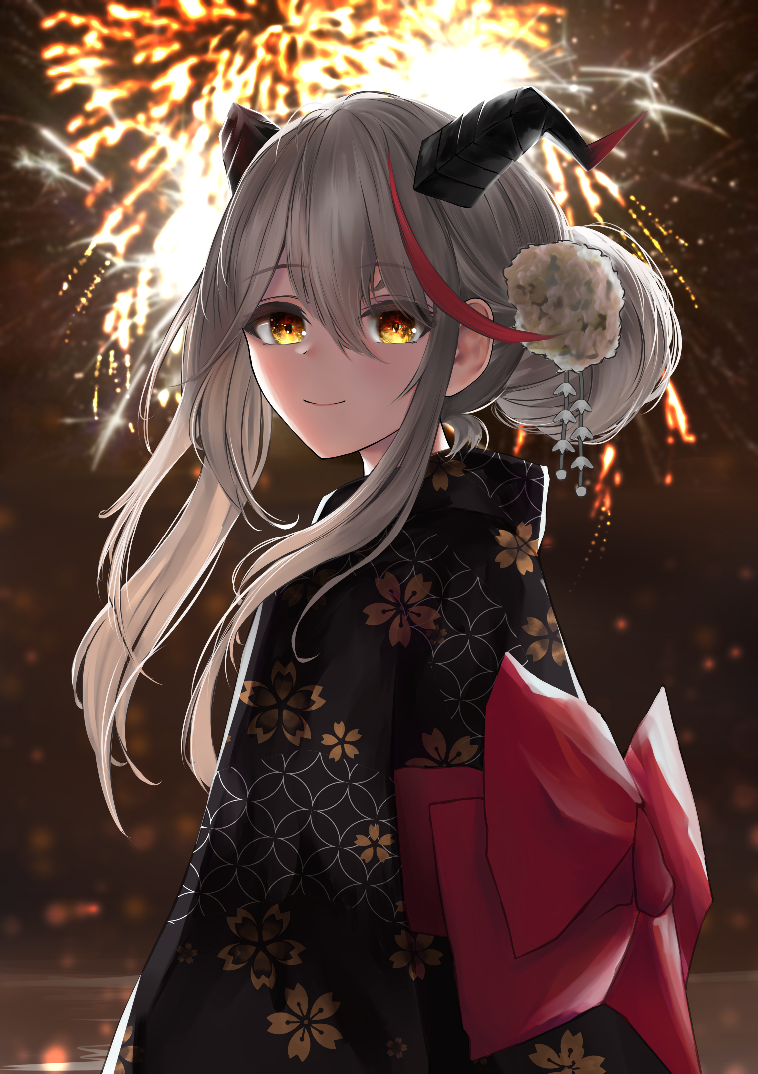 turboflower, aegir (azur lane), azur lane, commentary request, highres, 1girl, aerial fireworks, alternate costume, back bow, black horns, black kimono, bow, fireworks, flower, grey hair, hair between eyes, hair flower, hair ornament, horns, japanese clothes, kimono, light smile, long hair, long sleeves, looking at viewer, red bow, red streaks, solo, upper body, white flower, yellow eyes, yukata