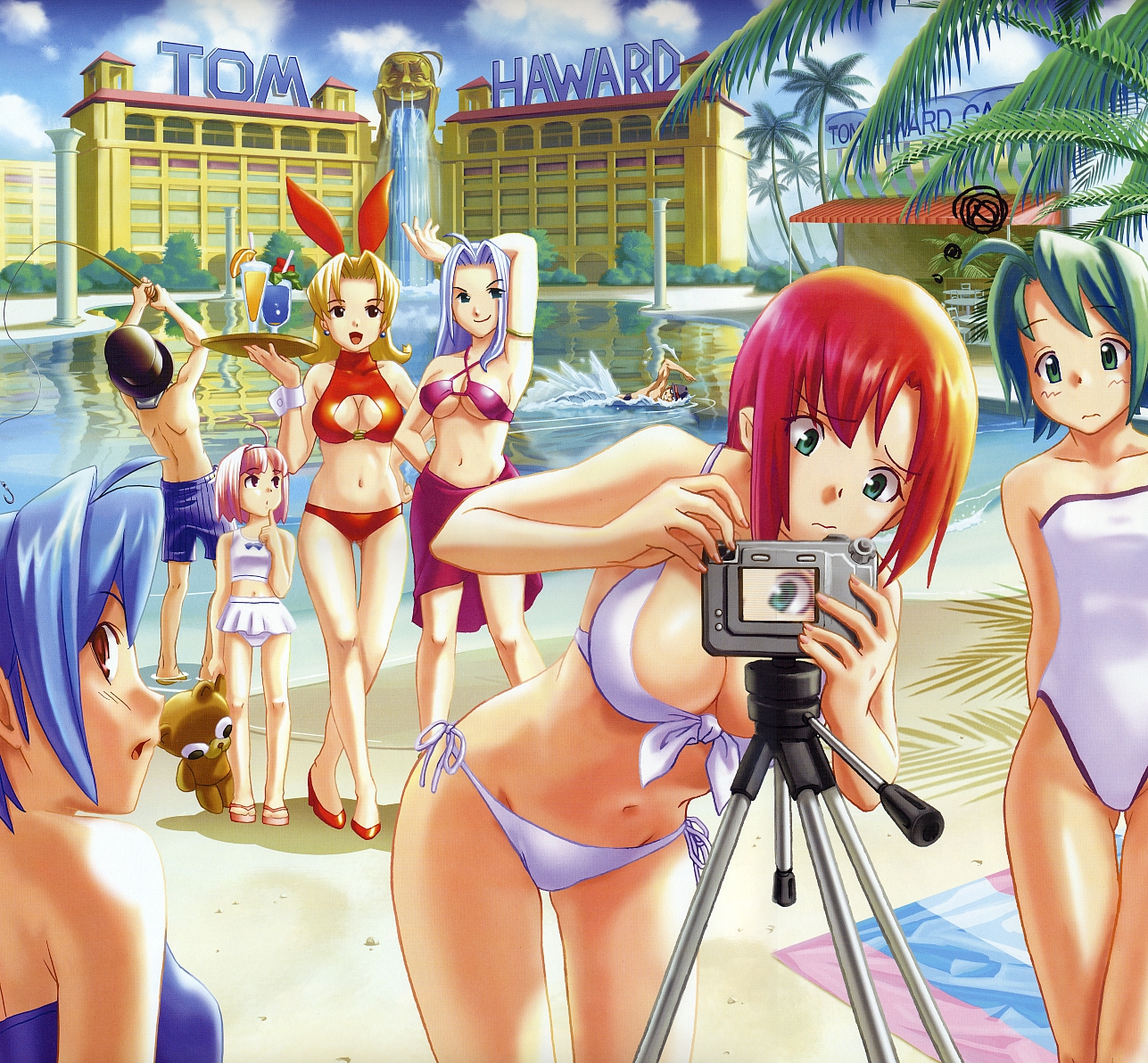 choco (rio), el adams, il adams, mint clark, mr clark (rio), olin dunhill, rio rollins, rosa canyon, tiffany abbott, tom howard, super blackjack, non-web source, 2boys, 3:, 6+girls, :/, ahoge, armlet, bikini, blonde hair, blue hair, breasts, camera, child, cleavage, cleavage cutout, clothing cutout, cloud, column, day, drink, earrings, finger to own chin, fishing, fishing rod, front-tie top, green eyes, green hair, halterneck, hat, high heels, jewelry, large breasts, multiple boys, multiple girls, navel, one-piece swimsuit, outdoors, palm tree, pillar, pink hair, pool, poolside, red bikini, red eyes, red hair, reflection, runny nose, side-tie bikini bottom, sideways mouth, snot, squiggle, stuffed animal, stuffed toy, swimsuit, teddy bear, thigh gap, top hat, towel, tray, tree, tree shade, tripod, viewfinder, water, waterfall, white bikini, white one-piece swimsuit, wrist cuffs