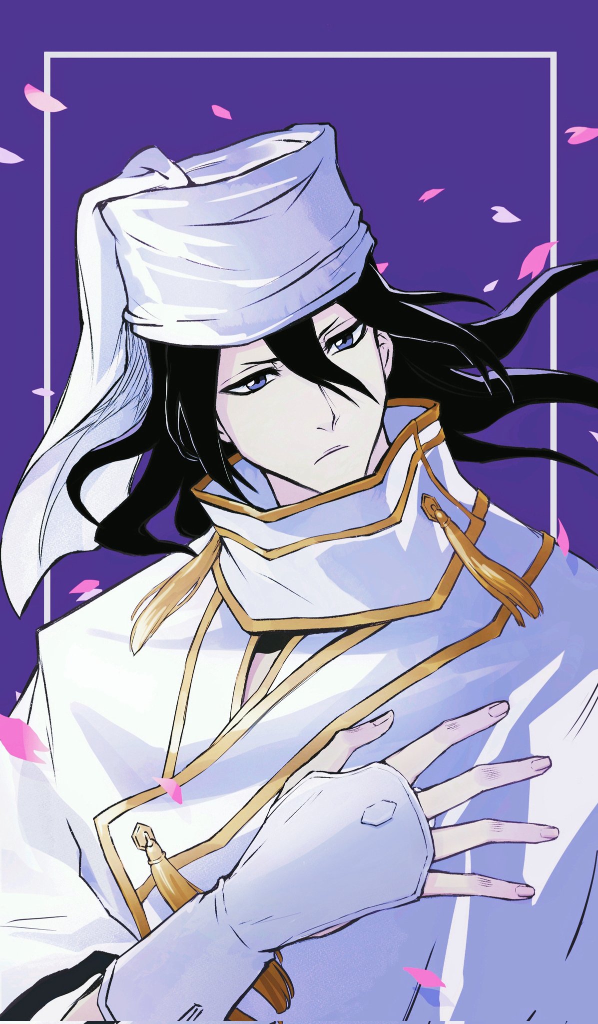 antatica11, kuchiki byakuya, bleach, bleach: sennen kessen-hen, chinese commentary, clothing request, commentary request, highres, 1boy, arm guards, black hair, blue eyes, closed mouth, falling petals, floating hair, frown, hand up, long hair, looking at viewer, male focus, official alternate costume, petals, purple background, sidelighting, simple background, solo, tsurime, upper body, v-shaped eyebrows