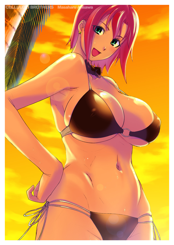 rio rollins, super blackjack, non-web source, 1girl, bikini, black bikini, bow, bowtie, breasts, cleavage, covered erect nipples, earrings, female focus, green eyes, jewelry, large breasts, red hair, short hair, side-tie bikini bottom, smile, solo, swimsuit, underboob