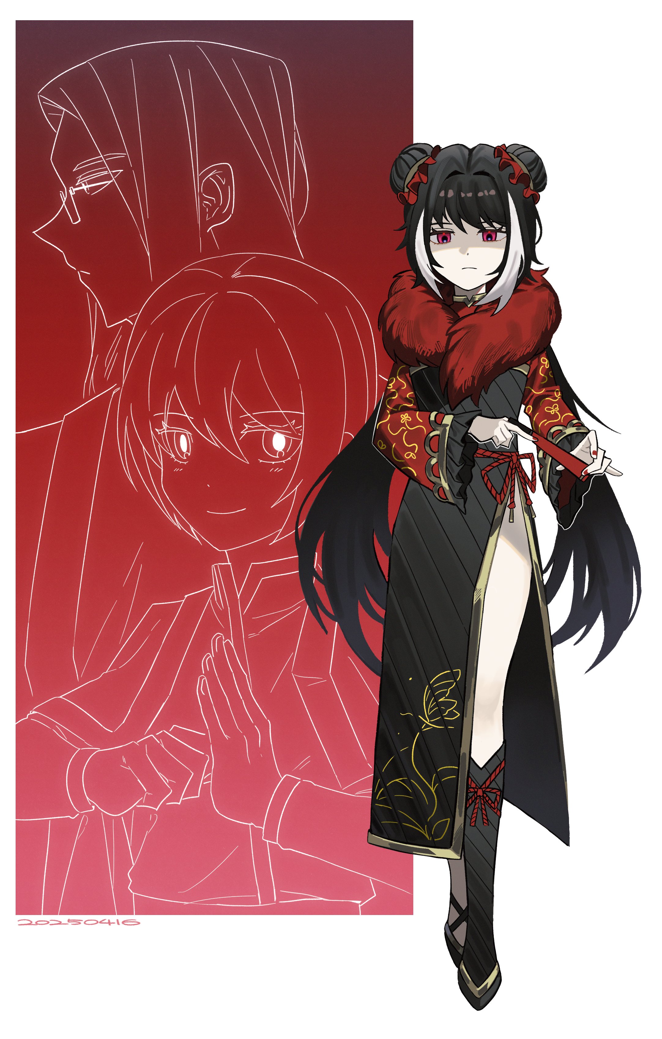 asdf1211950, jia xichun (project moon), limbus company, project moon, absurdres, highres, 1boy, 1girl, black dress, black hair, black shoes, chinese clothes, double bun, dress, full body, fur collar, hair bun, hand fan, long hair, long sleeves, looking at viewer, multicolored hair, multiple views, pink eyes, red shrug, rope belt, shoes, simple background, solo focus, standing, streaked hair, twintails, wei (project moon), white background, white streaks