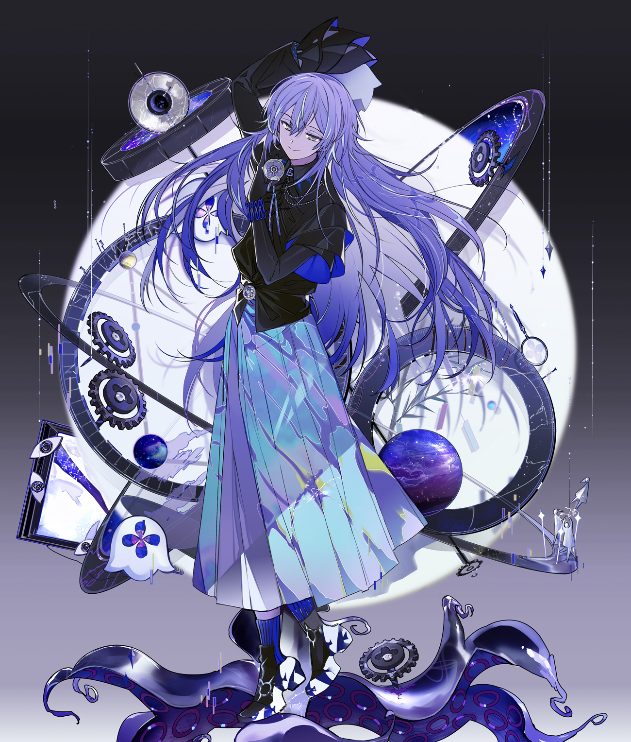 suou (sdurorhr), hoshirube sho, hoshirube sho (1st costume), otomo (hoshirube sho), nijisanji, highres, 1boy, ankle boots, asymmetrical sleeves, black gloves, black shirt, boots, collared shirt, floating hair, full body, gears, gloves, long hair, long skirt, long sleeves, looking at viewer, male focus, pleated skirt, purple hair, shirt, skirt, smile, socks, solo, tentacles, uneven sleeves, very long hair, virtual youtuber