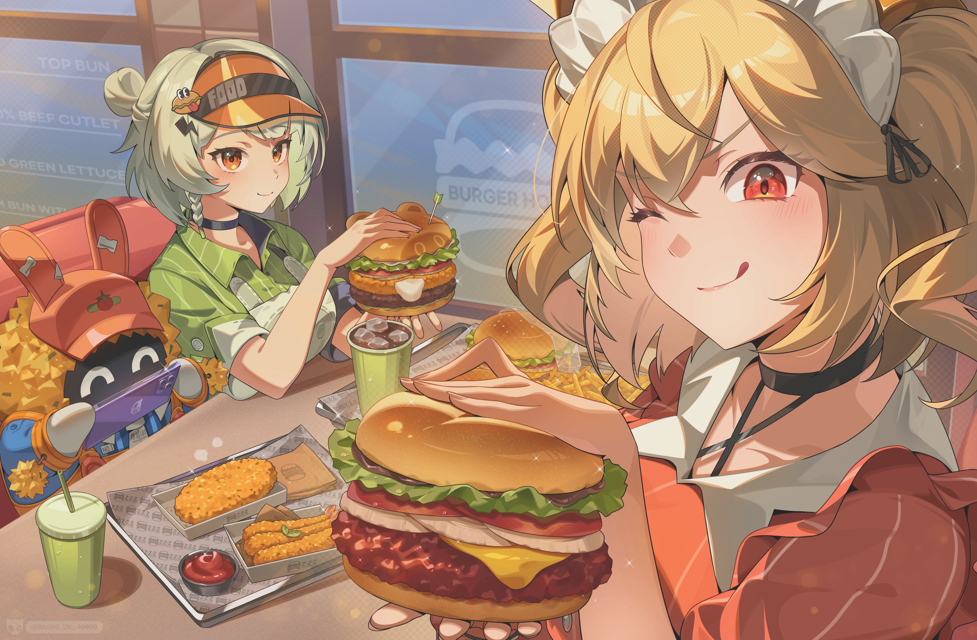 anby demara, anby demara (operation yum 2025), bangboo (zenless zone zero), burnice white, burnice white (operation yum 2025), zenless zone zero, absurdres, highres, 1other, 2girls, apron, bbang uk 00000, blonde hair, burger, burger hair ornament, closed mouth, crispyboo (zenless zone zero), cup, drink, food, food-themed hair ornament, french fries, green shirt, grey hair, hair ornament, hat, holding, holding burger, holding food, lightning bolt symbol, looking at another, looking at viewer, maid headdress, multiple girls, one eye closed, orange eyes, phone, plate, red eyes, red shirt, restaurant, sauce, shirt, shrimp, shrimp tempura, sitting, smile, tempura, tongue, waitress