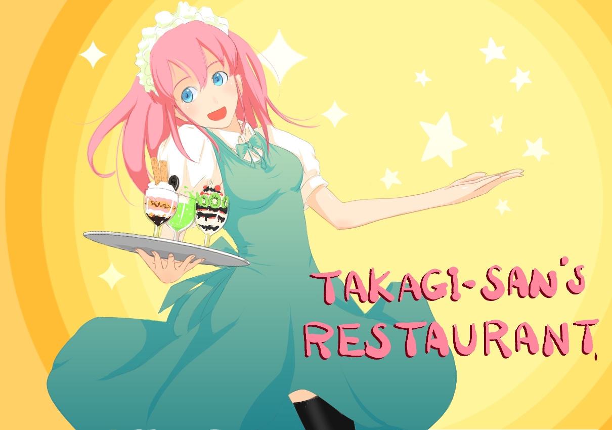 nanahime, takagi (tansuke), original, bad id, bad pixiv id, 1girl, :d, blue eyes, borrowed character, bow, bowtie, character name, desert, dessert, dress, female focus, food, holding, holding tray, maid, maid headdress, open mouth, parfait, pink hair, short sleeves, smile, solo, tray