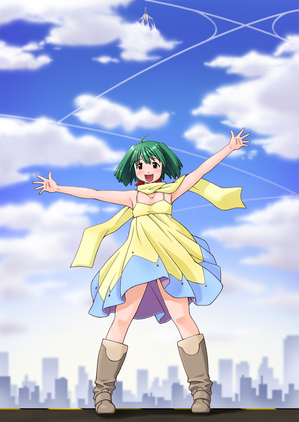 ranka lee, macross, macross frontier, highres, 00s, 1girl, boots, cloud, day, female focus, green hair, red eyes, sky, solo