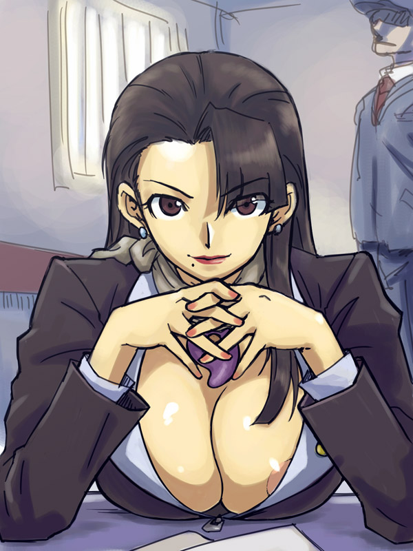 michael f91, mia fey, phoenix wright, ace attorney, capcom, 1girl, areola slip, breasts, brown eyes, brown hair, cleavage, earrings, female focus, interlocked fingers, jewelry, large breasts, magatama, mole, mole under mouth, nipple slip, nipples, own hands clasped, own hands together, solo, steepled fingers