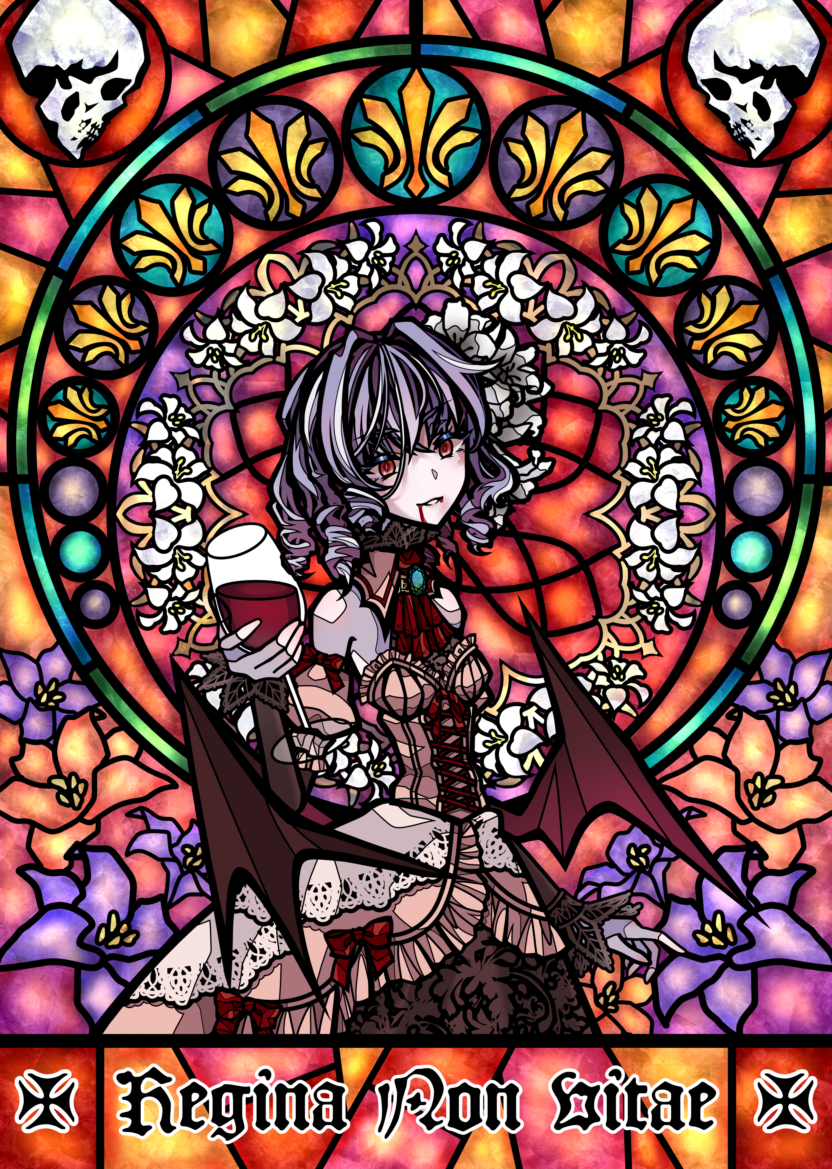 tepes017rotten, remilia scarlet, touhou, absurdres, check commentary, check translation, commentary request, flower request, highres, translation request, 1girl, alcohol, ascot, bare shoulders, bat wings, blood, blood from mouth, blood on face, blue brooch, blue gemstone, bow, corset, cup, dress, drill hair, flower, gem, glasses, grin, hair between eyes, hair intakes, hand up, holding, holding cup, lace, lace-trimmed dress, lace trim, latin commentary, latin text, looking at viewer, off-shoulder dress, off shoulder, parted lips, pink corset, pink dress, purple hair, quad drills, red ascot, red bow, red eyes, short hair, skirt, smile, solo, stained glass, white flower, wine, wings