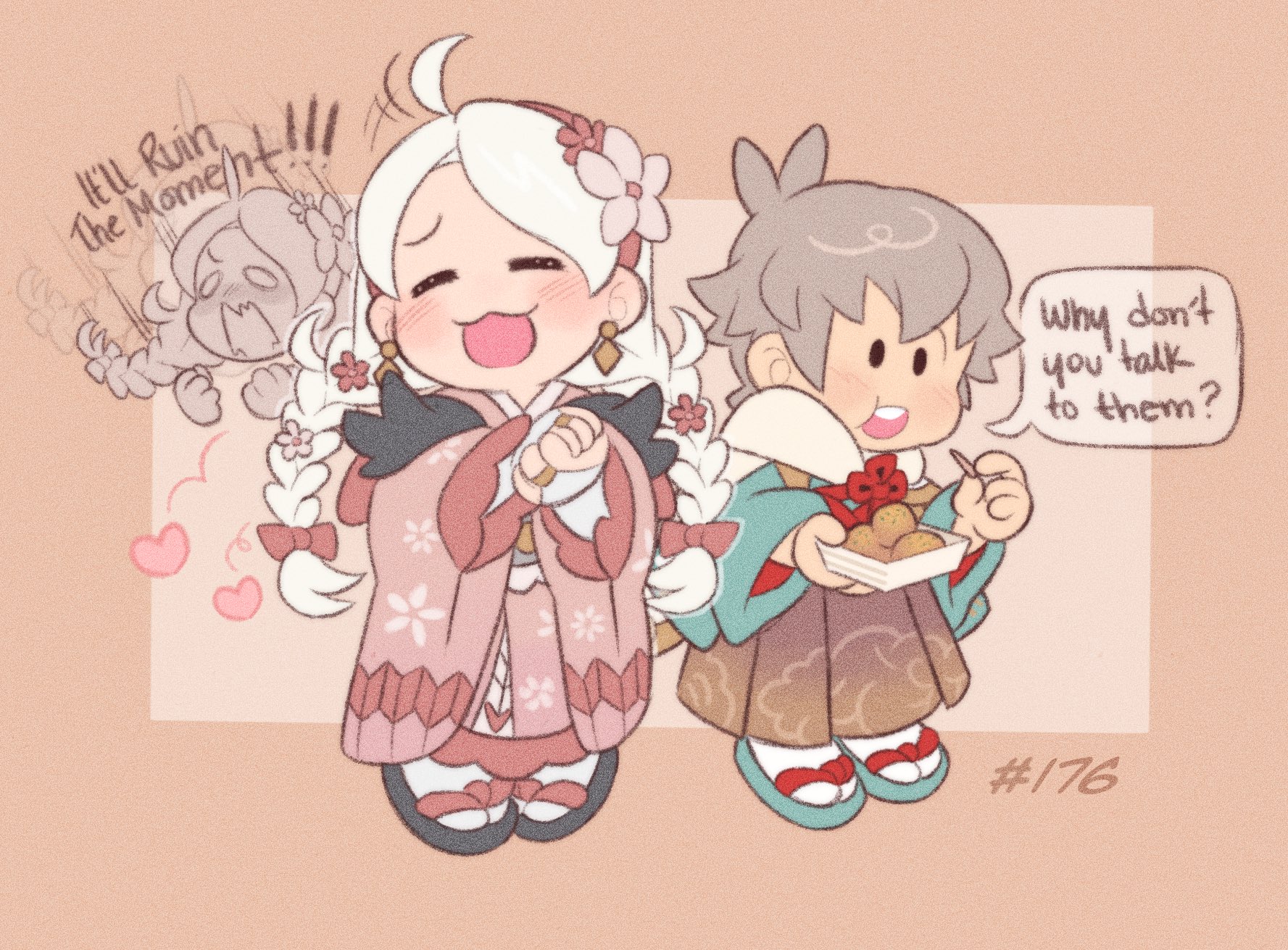 captcarrotcake, kiragi (fire emblem), nina (fire emblem), fire emblem, fire emblem fates, nintendo, highres, 1boy, 1girl, ahoge, alternate costume, bow, braid, closed eyes, earrings, fujoshi, grey hair, hair bow, japanese clothes, jewelry, kimono, low twin braids, low twintails, open mouth, parted bangs, sandals, speech bubble, twin braids, twintails, white hair