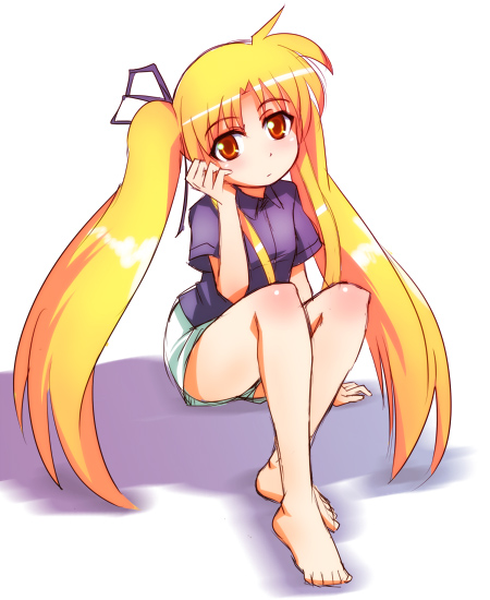 yn1982, fate testarossa, lyrical nanoha, mahou shoujo lyrical nanoha, 00s, barefoot, blonde hair, long hair, red eyes, sitting, solo, twintails, very long hair