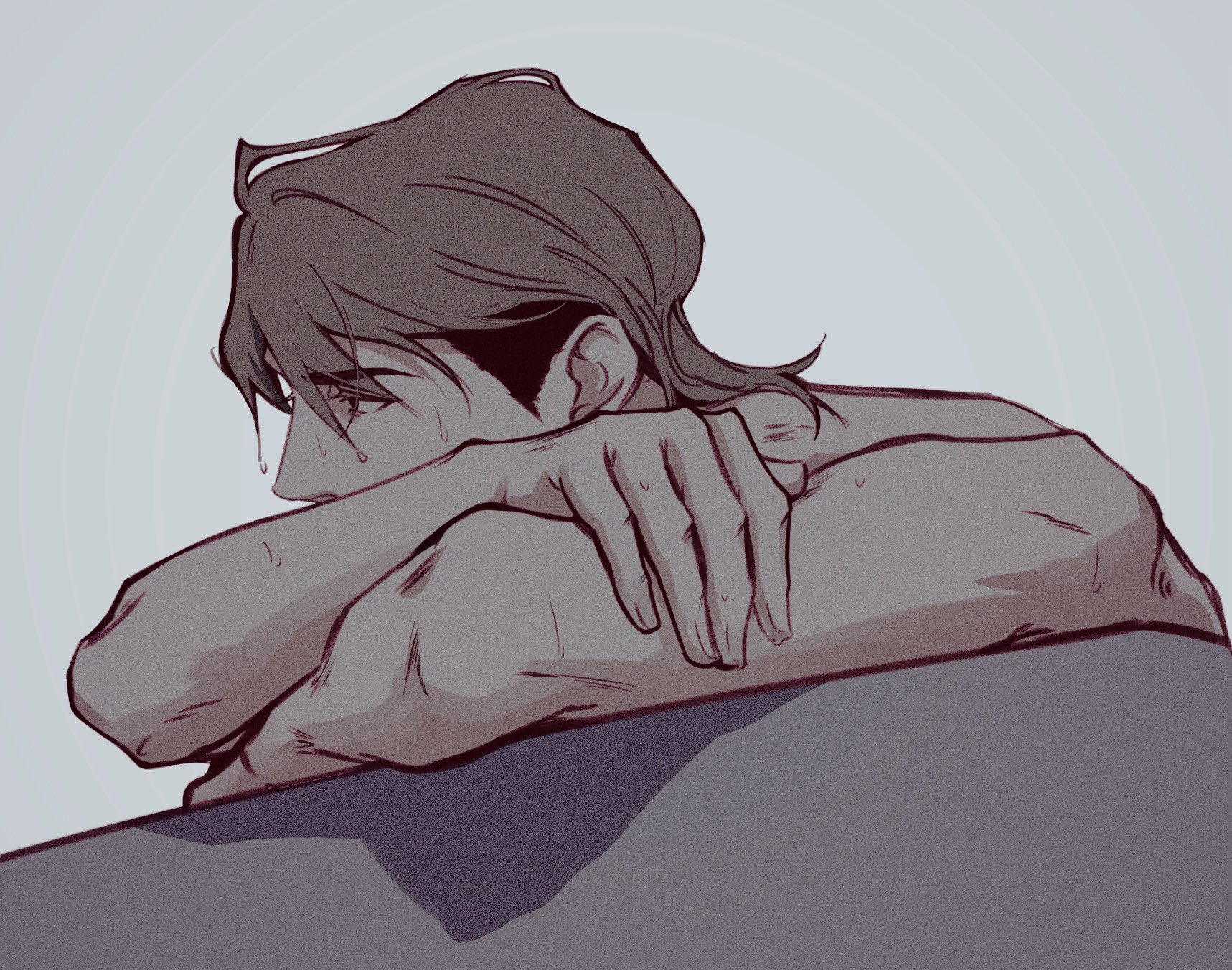 jean kirstein, shingeki no kyojin, highres, 1boy, crossed arms, film grain, from side, grey background, greyscale, looking ahead, male focus, monochrome, multicolored hair, namatya564, nude, profile, short sideburns, simple background, solo, two-tone hair, wet, wet hair