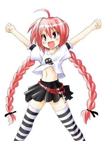 boshinote, vita (nanoha), lyrical nanoha, mahou shoujo lyrical nanoha, mahou shoujo lyrical nanoha a's, lowres, 00s, 1girl, ahoge, black & white, braid, child, female focus, goth fashion, midriff, patterned legwear, red hair, shirt, simple background, solo, striped clothes, striped thighhighs, t-shirt, thighhighs, twin braids, two-tone stripes