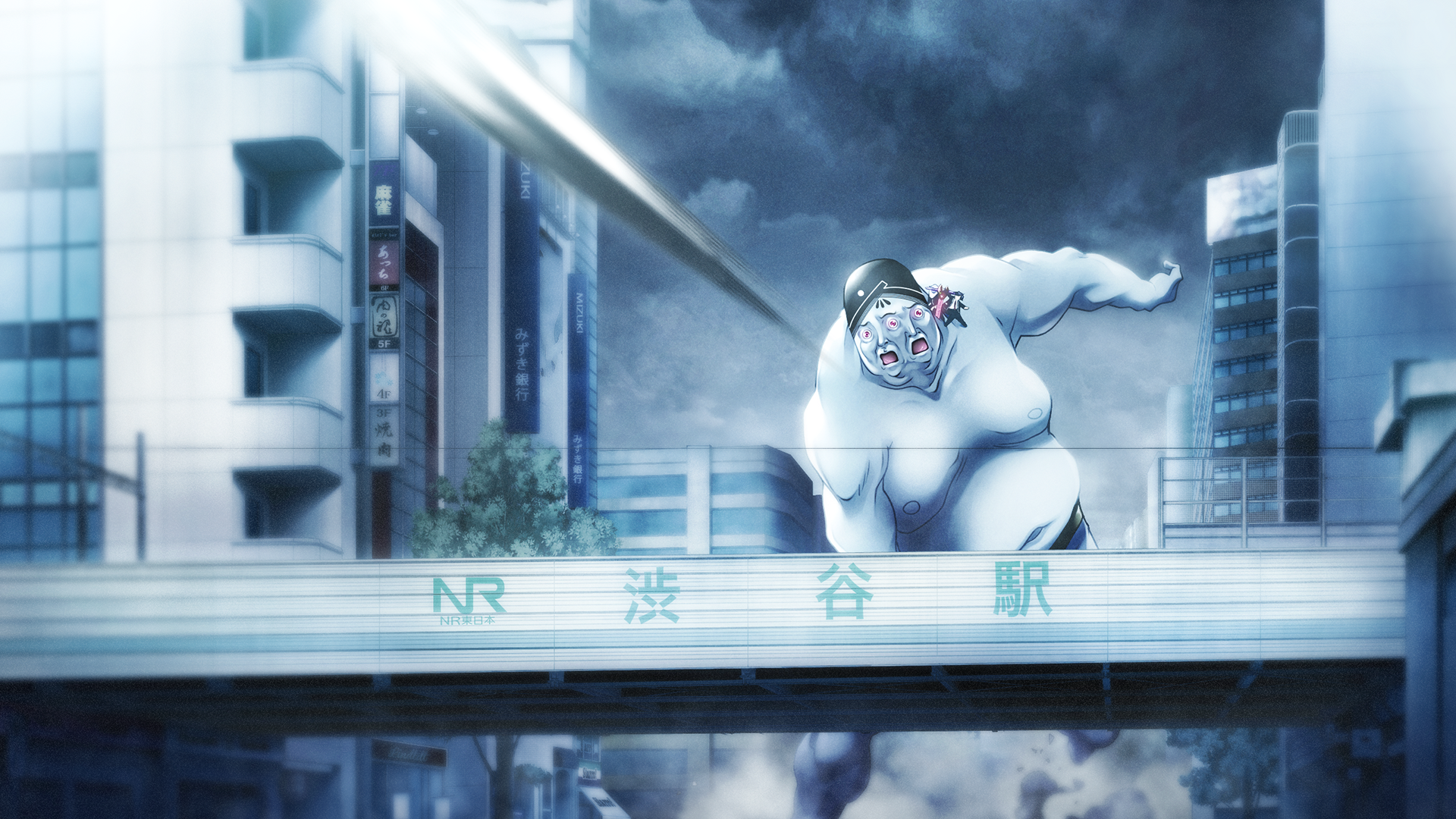 sasaki mutsumi, kazuki hana, miyashiro takuru, chaos;child, science adventure, game cg, highres, non-web source, official art, 1boy, 1girl, 1other, black hair, black jacket, blue skin, building, city, colored skin, d-sword, fat, fat man, giant, grey sky, hekiho academy school uniform, incoming attack, jacket, monster, navel, open mouth, purple eyes, school uniform, shibuya (tokyo), sky, standing, sumo, sumo sticker (chaos;child), tokyo (city), wide-eyed