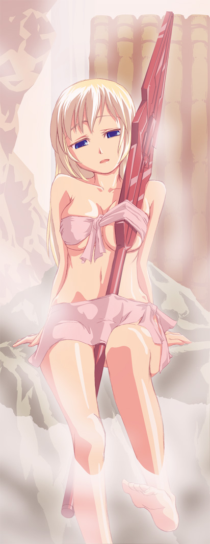 fatina, druaga no tou, 1girl, blonde hair, blue eyes, breasts, female focus, naked towel, onsen, solo, staff, steam, towel, water, weapon