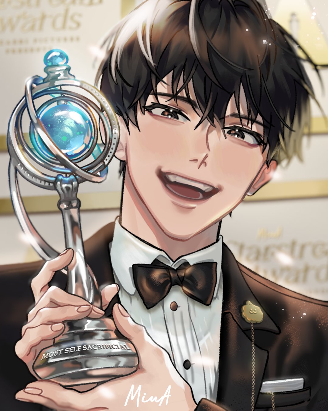akira yoru, kim dokja, omniscient reader's viewpoint, highres, 1boy, :d, black coat, black eyes, black hair, black suit, bow, bowtie, coat, collared shirt, formal clothes, head tilt, holding, holding trophy, male focus, open mouth, planet, portrait, shirt, short hair, smile, solo, sparkling eyes, suit, trophy, white shirt
