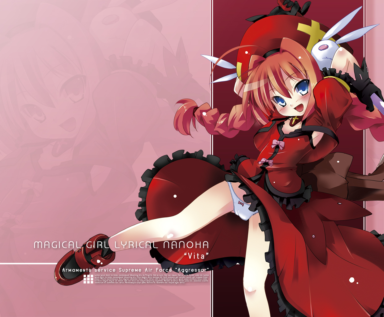 nio, nio (einhorn), graf eisen, vita (nanoha), lyrical nanoha, mahou shoujo lyrical nanoha, mahou shoujo lyrical nanoha a's, mahou shoujo lyrical nanoha strikers, 00s, 1girl, blue eyes, braid, child, female focus, gloves, panties, red hair, solo, twin braids, twintails, underwear, zoom layer