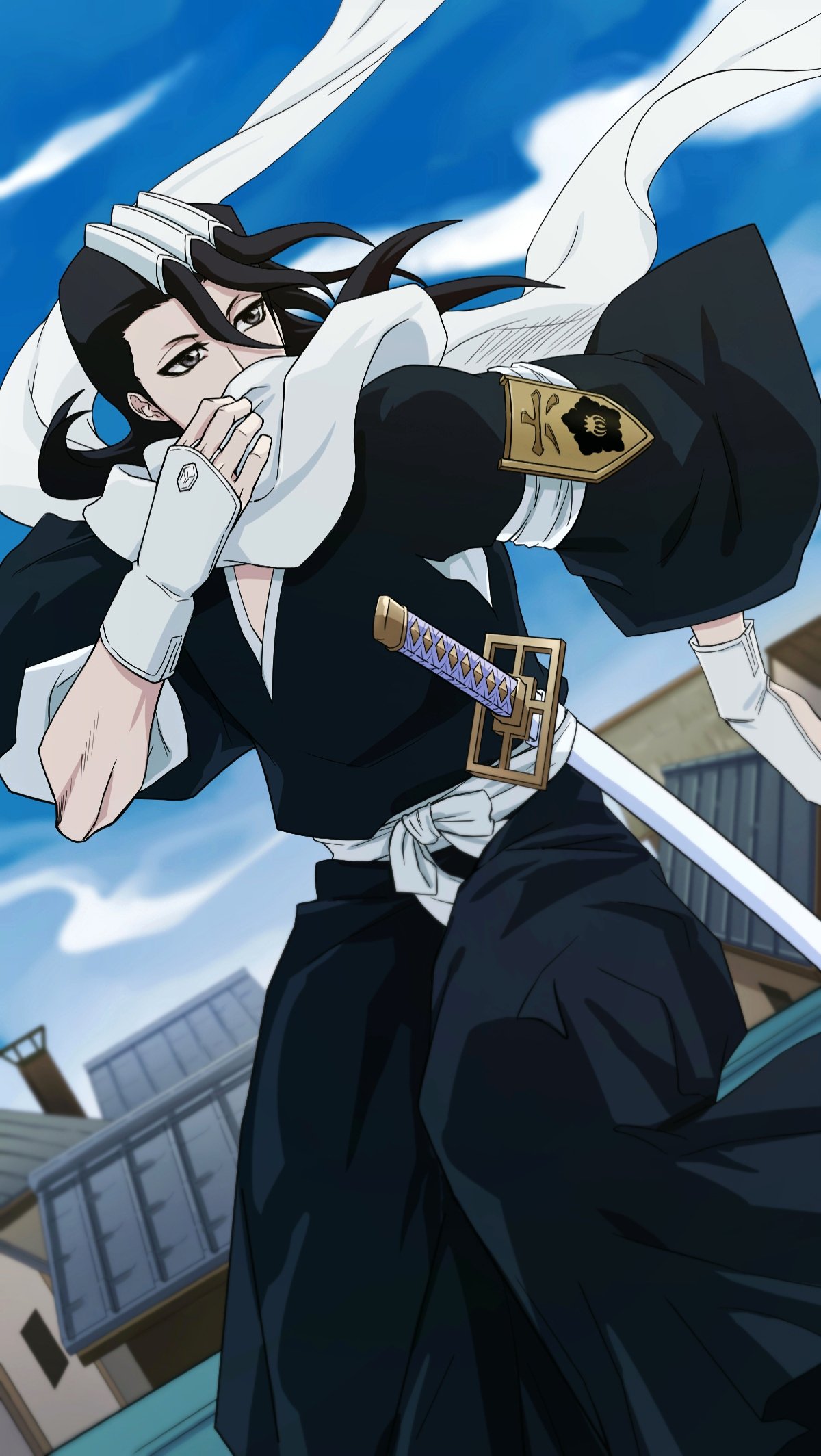 antatica11, kuchiki byakuya, bleach, chinese commentary, commentary, highres, 1boy, aged down, arm guards, badge, black hair, black hakama, black kimono, covered mouth, dutch angle, feet out of frame, floating hair, floating scarf, fukutaichou badge, grey eyes, hair between eyes, hakama, hand up, japanese clothes, katana, kimono, long hair, long sleeves, looking to the side, male focus, sash, scarf, solo, standing, sword, tsurime, weapon, white sash, white scarf, wide sleeves