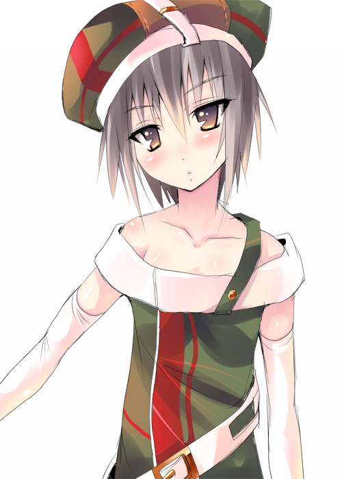 shiranagi, nagato yuki, suzumiya haruhi no yuuutsu, silver hair, 00s, brown eyes, hat, short hair, simple background, solo
