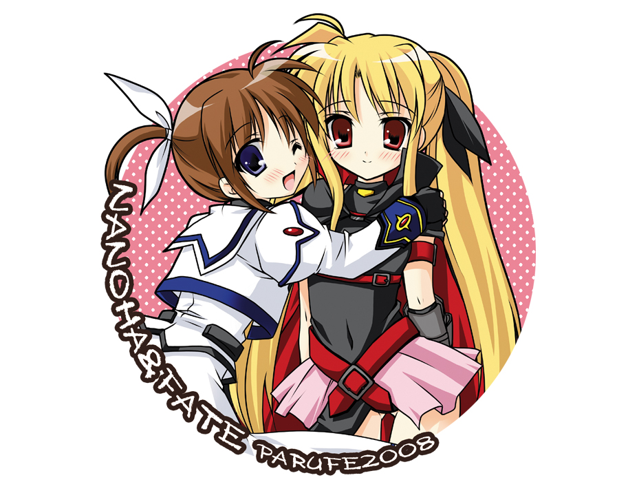 hayashi sakura, fate testarossa, fate testarossa (lightning form), takamachi nanoha, takamachi nanoha (sacred mode), lyrical nanoha, mahou shoujo lyrical nanoha, mahou shoujo lyrical nanoha a's, 00s, 2008, 2girls, arm belt, belt, blonde hair, blue eyes, brown hair, cape, child, fingerless gloves, gloves, magical girl, multiple girls, one eye closed, purple eyes, red eyes, red hair, twintails, wink
