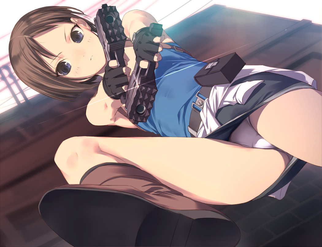 uni (plastic girl), jill valentine, resident evil, resident evil 3: nemesis, 1girl, aged down, blue eyes, boots, brown hair, dual wielding, female focus, fingerless gloves, flat chest, from below, gloves, gun, handgun, hands on own hips, holding, leg lift, miniskirt, panties, pantyshot, pencil skirt, pistol, shirt, short hair, skirt, solo, spikes, strapless, tied shirt, tube top, underwear, upskirt, weapon, white panties