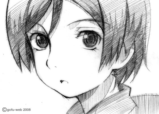 gofu, kasahara iku, toshokan sensou, traditional media, 00s, greyscale, monochrome, sketch, solo
