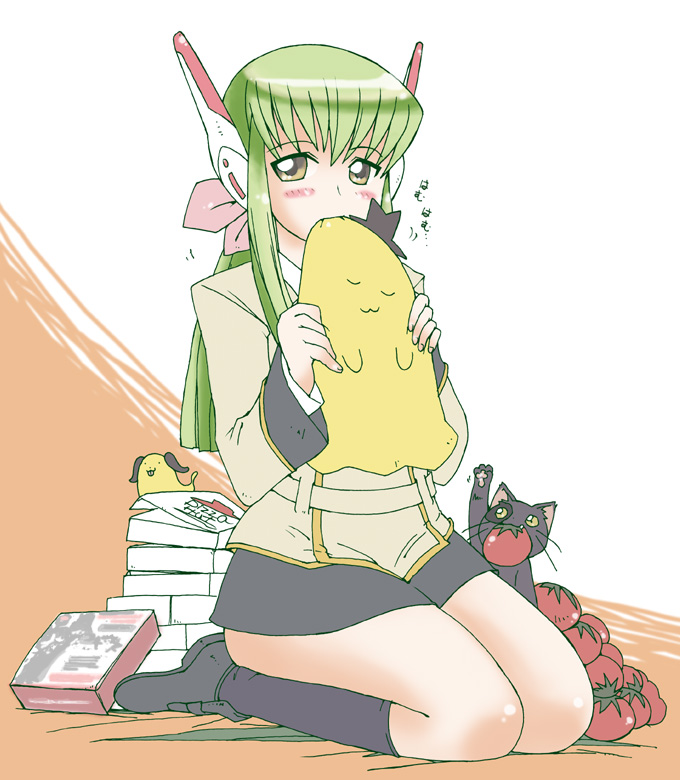 yama (mahohon), arthur (code geass), c.c., cheese-kun, code geass, pizza hut, 00s, ashford academy school uniform, blush, female focus, microskirt, robot ears, school uniform, seiza, sitting, skirt, thighs, tomato