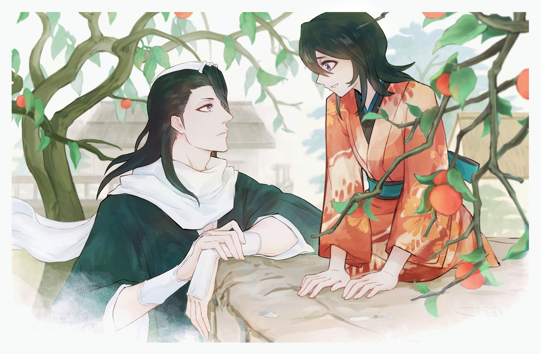 antatica11, kuchiki byakuya, kuchiki hisana, bleach, chinese commentary, commentary request, highres, 1boy, 1girl, arm guards, arm support, black hair, black kimono, blue eyes, border, closed mouth, couple, day, expressionless, eye contact, floral print, floral print kimono, food, from side, frown, fruit, full body, hetero, japanese clothes, kimono, kneeling, leaf, leaning forward, long hair, long sleeves, looking at another, medium hair, nose, orange kimono, outdoors, parted lips, persimmon, print kimono, profile, scarf, smile, straight hair, tree, tsurime, upper body, v-shaped eyebrows, white border, white scarf, wide sleeves