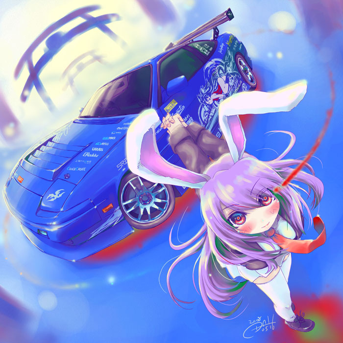 oogami dai, reisen udongein inaba, nissan, touhou, 1girl, animal ears, arms behind back, car, female focus, long hair, motor vehicle, necktie, nissan 180sx, purple hair, rabbit ears, red eyes, red necktie, skirt, solo, thighhighs, torii, vehicle focus