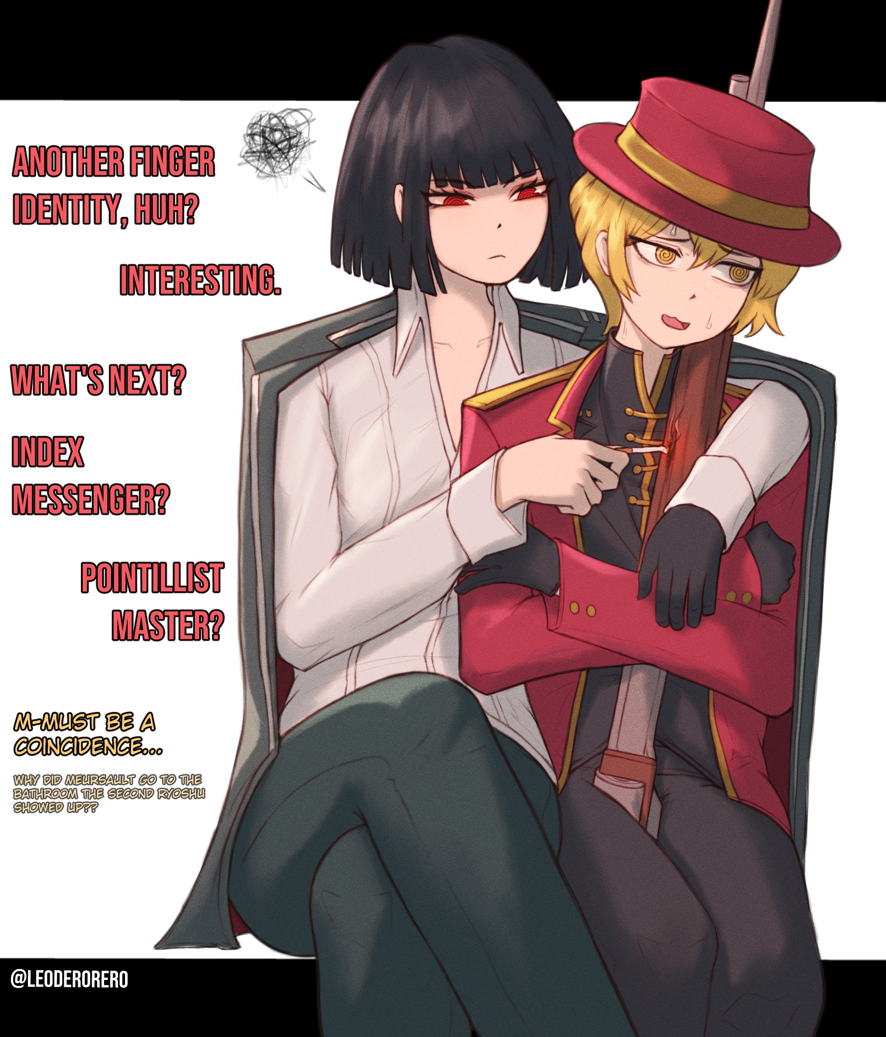 leoderorero, ryoshu (project moon), sinclair (project moon), limbus company, project moon, commentary, english commentary, highres, 1boy, 1girl, @ @, black background, black gloves, black hair, blonde hair, bob cut, cigarette, closed mouth, coat, collarbone, collared shirt, crossed legs, english text, fedora, formal clothes, gloves, gun, hat, holding, holding gun, holding weapon, jacket, jacket on shoulders, long sleeves, open mouth, pants, red coat, red eyes, red suit, ringed eyes, shirt, short hair, simple background, smile, squiggle, suit, sweat, thumb (identity) (project moon), weapon, white background, white shirt, yellow eyes