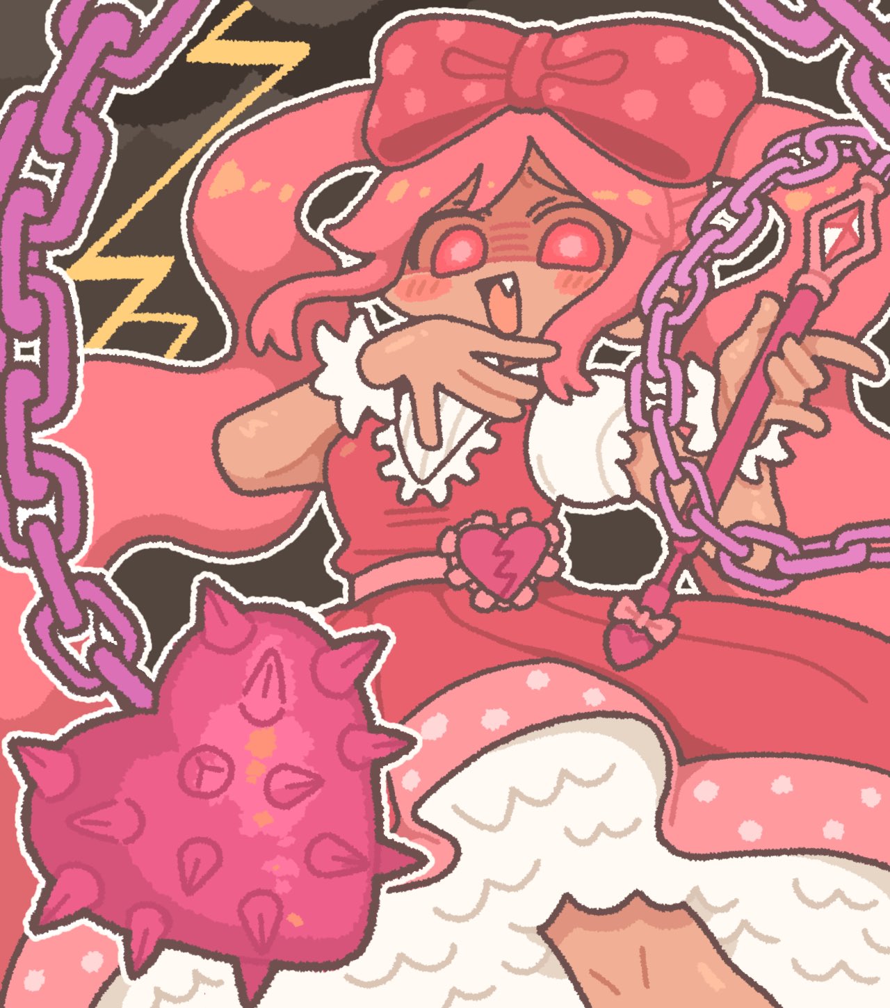 nikudango, sweetheart (omori), omori, highres, 1girl, blush, bow, dark-skinned female, dark skin, dress, fang, flail, hair bow, holding flail, long hair, looking at viewer, open mouth, pink bow, pink dress, pink eyes, pink hair, polka dot, polka dot bow, puffy short sleeves, puffy sleeves, short sleeves, smile, solo, twintails, weapon