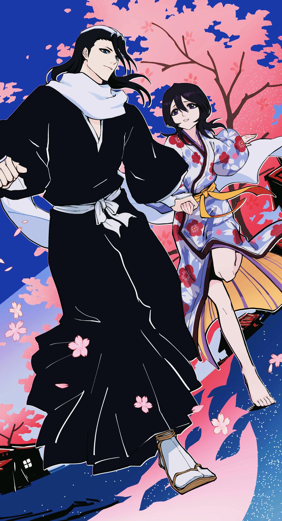 antatica11, kuchiki byakuya, kuchiki hisana, bleach, commentary request, highres, 1boy, 1girl, barefoot, black hair, black hakama, black kimono, blue eyes, blue sky, cherry blossom print, cherry blossoms, clenched hand, closed mouth, couple, day, dutch angle, eyelashes, floating hair, floral print, floral print kimono, full body, hakama, hetero, holding hands, japanese clothes, kimono, long hair, long sleeves, looking at another, nose, outdoors, parted lips, print kimono, purple eyes, sash, scarf, sky, smile, standing, standing on one leg, tabi, tree, white kimono, white sash, white scarf, wide sleeves, yellow sash