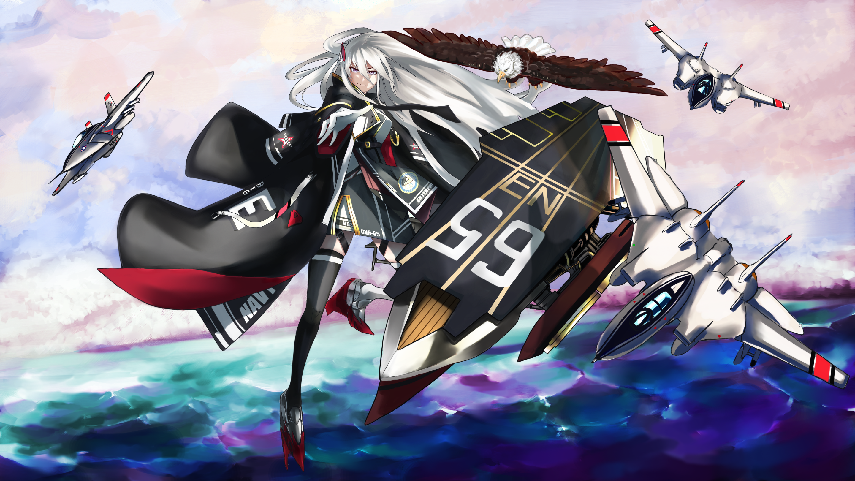 setsuka., enterprise (azur lane), grim (azur lane), uss enterprise (cvn-65), azur lane, original, highres, 1girl, alternate costume, bald eagle, bird, black coat, black dress, black thighhighs, character name, cloud, cloudy sky, coat, dress, eagle, f-14 tomcat, f-18 hornet, flight deck, full body, gloves, hair between eyes, long hair, long sleeves, looking at viewer, outdoors, outstretched arm, purple eyes, reaching, reaching towards viewer, rudder footwear, sky, solo, thighhighs, very long hair, water, white gloves, white hair