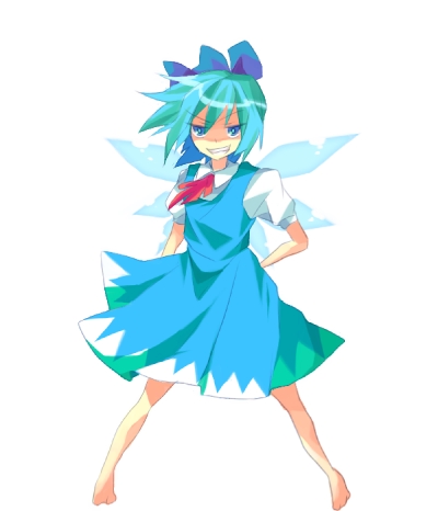 shiratamako, cirno, embodiment of scarlet devil, touhou, bad id, bad pixiv id, lowres, 1girl, blue eyes, blue hair, dress, female focus, full body, legs apart, matching hair/eyes, pinafore dress, ribbon, short hair, simple background, sleeveless, sleeveless dress, solo, standing, v-shaped eyebrows, white background, wings
