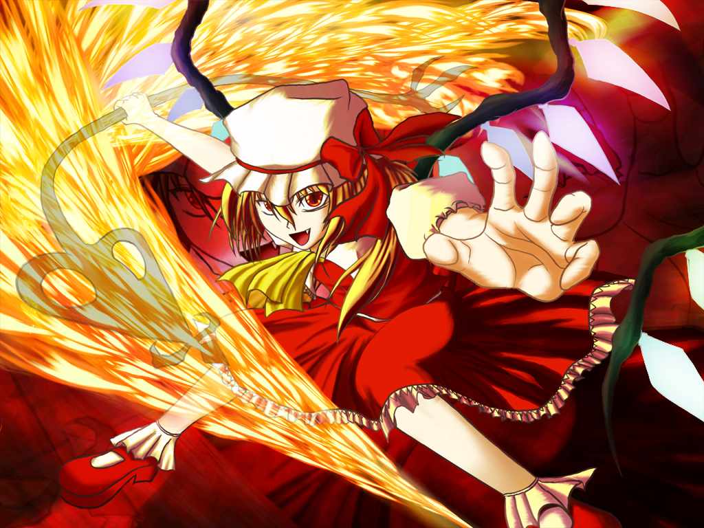 kamui (tsukiyo no sakura), flandre scarlet, touhou, 1girl, blonde hair, blouse, collared shirt, fang, female focus, hair between eyes, hat, laevatein, mob cap, ponytail, ribbon, shirt, solo, white hat, white shirt, wings