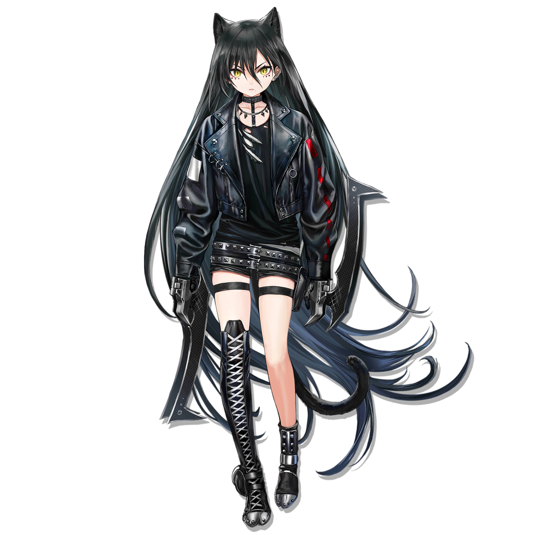 infukun, dagda (arknights), arknights, highres, official art, revision, third-party source, 1girl, animal ears, ankle boots, asymmetrical footwear, black boots, black hair, black shorts, black theme, boots, cat ears, cat girl, cat tail, closed mouth, full body, lace-up boots, long hair, looking at viewer, mismatched footwear, shorts, simple background, single ankle boot, single thigh boot, solo, standing, tachi-e, tail, thigh boots, thigh strap, transparent background, uneven footwear, very long hair, yellow eyes