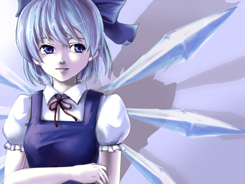 cirno, embodiment of scarlet devil, touhou, lowres, 1girl, blue eyes, blue hair, female focus, gradient background, matching hair/eyes, pale skin, ribbon, short hair, solo, upper body, wings