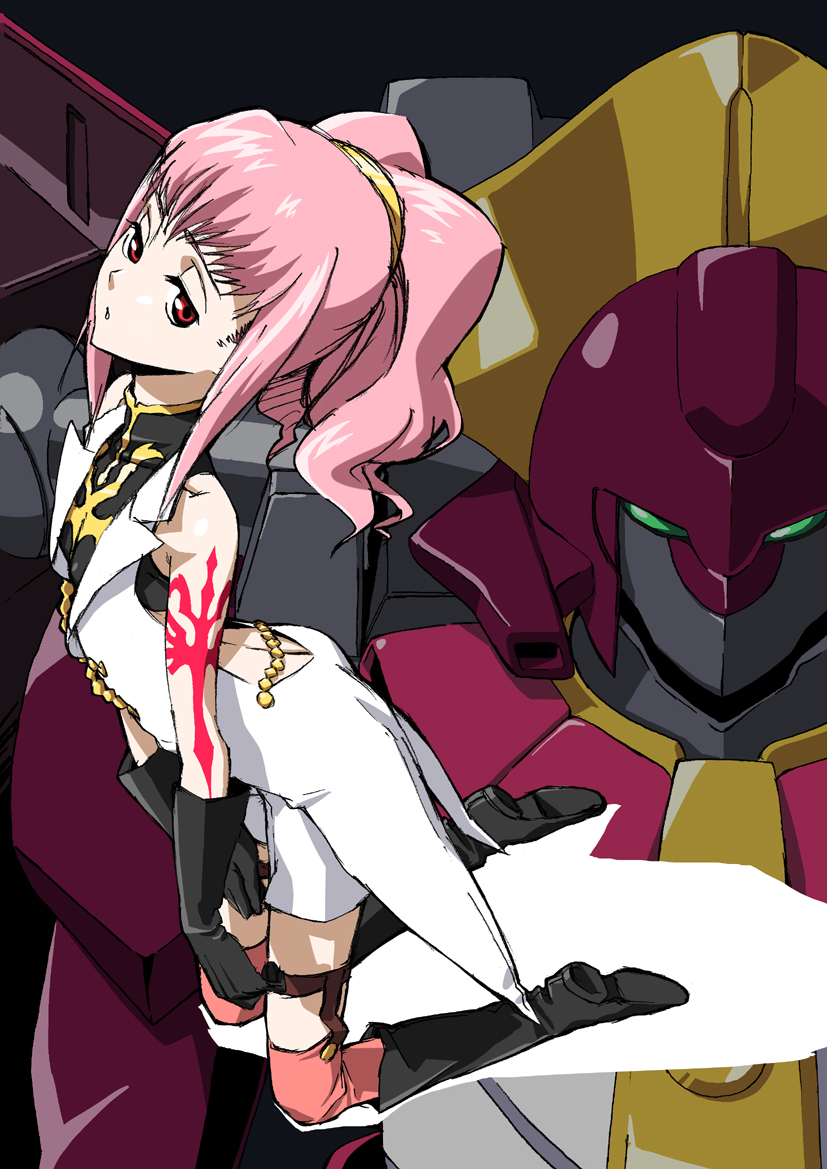 anya alstreim, mordred (code geass), code geass, 00s, 1girl, armor, bare shoulders, black boots, black gloves, boots, elbow gloves, expressionless, female focus, from above, full body, gloves, hairband, kneeling, kneepits, looking up, machinery, mecha, pink hair, ponytail, purple eyes, robot, short hair, sidelocks, size difference, solo, tattoo