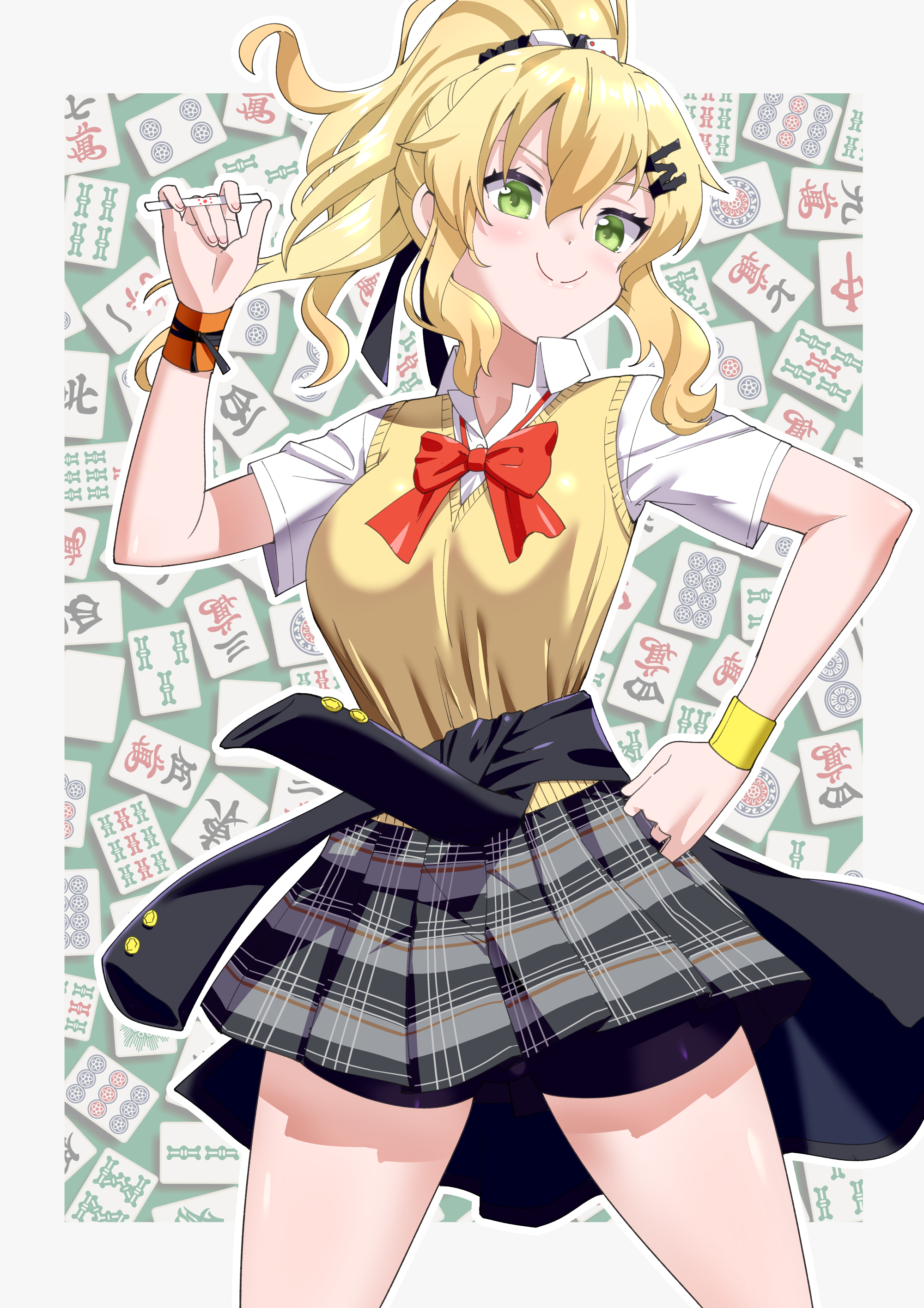 toku sonchou, shiraishi nana, mahjong soul, absurdres, highres, 1girl, bike shorts, blonde hair, bow, bowtie, breasts, closed mouth, clothes around waist, collared shirt, green eyes, hair ornament, holding, jacket, jacket around waist, jewelry, long hair, looking at viewer, mahjong, mahjong tile, plaid clothes, plaid skirt, pleated skirt, ponytail, red bow, red bowtie, school uniform, scrunchie, shirt, skirt, smile, solo